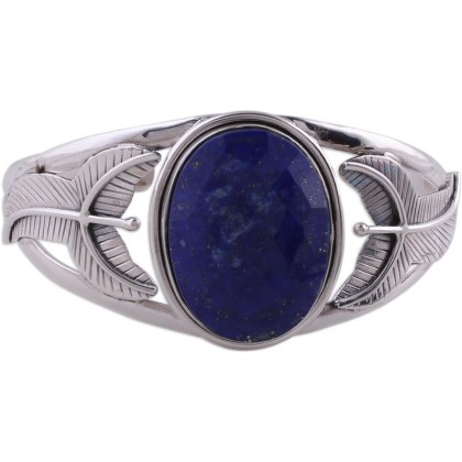 Artisan Handcrafted Lapis Lazuli Floral Bracelet Sterling Silver Cuff with Blue India Royal Bright Cobalt Reflecting Pond Leaf Tree Birthstone [6.5 in L (end to End) x 1.3 in W] ' Sea