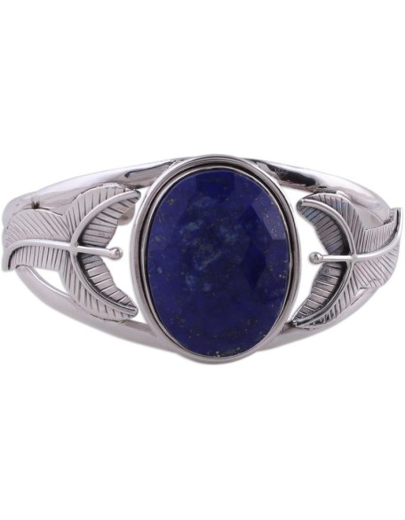 Artisan Handcrafted Lapis Lazuli Floral Bracelet Sterling Silver Cuff with Blue India Royal Bright Cobalt Reflecting Pond Leaf Tree Birthstone [6.5 in L (end to End) x 1.3 in W] ' Sea