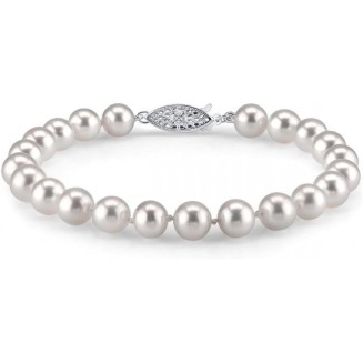 White Freshwater Pearl Bracelet for Women - Cultured Pearl Bracelet with 14k Gold Plated Clasp with Genuine Cultured Pearls, 7.0-7.5mm Pearl Gifts for Anniversary
