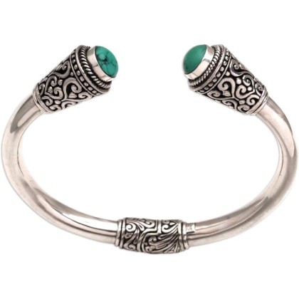 Artisan Turquoise Cuff Bracelet Sterling Silver from Bali Natural Blue Indonesia Birthstone [6 in L (end to End) x 0.4 in W] ' Petal Temple'