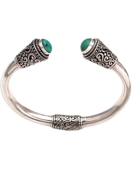 Artisan Turquoise Cuff Bracelet Sterling Silver from Bali Natural Blue Indonesia Birthstone [6 in L (end to End) x 0.4 in W] ' Petal Temple'