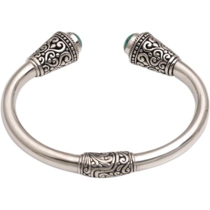 Artisan Turquoise Cuff Bracelet Sterling Silver from Bali Natural Blue Indonesia Birthstone [6 in L (end to End) x 0.4 in W] ' Petal Temple'