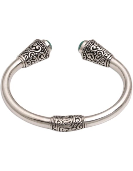 Artisan Turquoise Cuff Bracelet Sterling Silver from Bali Natural Blue Indonesia Birthstone [6 in L (end to End) x 0.4 in W] ' Petal Temple'