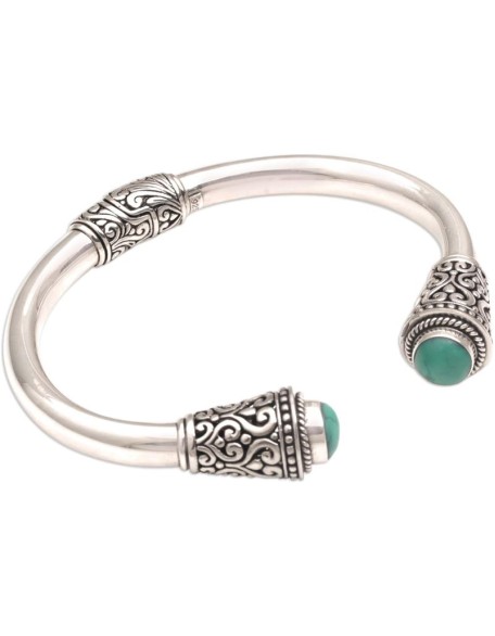Artisan Turquoise Cuff Bracelet Sterling Silver from Bali Natural Blue Indonesia Birthstone [6 in L (end to End) x 0.4 in W] ' Petal Temple'