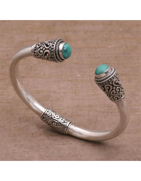 Artisan Turquoise Cuff Bracelet Sterling Silver from Bali Natural Blue Indonesia Birthstone [6 in L (end to End) x 0.4 in W] ' Petal Temple'