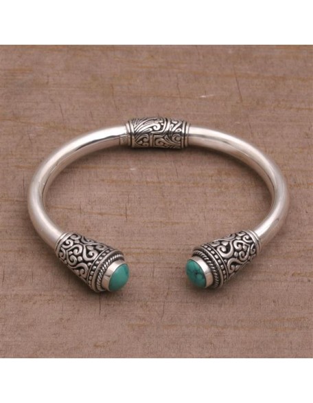 Artisan Turquoise Cuff Bracelet Sterling Silver from Bali Natural Blue Indonesia Birthstone [6 in L (end to End) x 0.4 in W] ' Petal Temple'