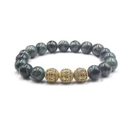 Dark Green Nephrite Jade and Gold, Men&#39;s Bracelet, High Quality Beaded Bracelet for Man