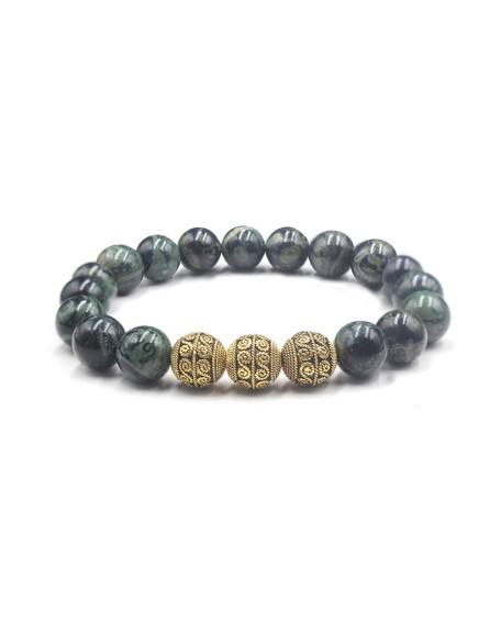 Dark Green Nephrite Jade and Gold, Men&#39;s Bracelet, High Quality Beaded Bracelet for Man