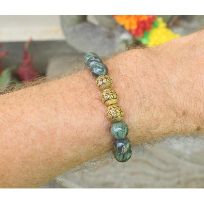 Dark Green Nephrite Jade and Gold, Men&#39;s Bracelet, High Quality Beaded Bracelet for Man