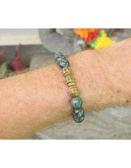 Dark Green Nephrite Jade and Gold, Men&#39;s Bracelet, High Quality Beaded Bracelet for Man
