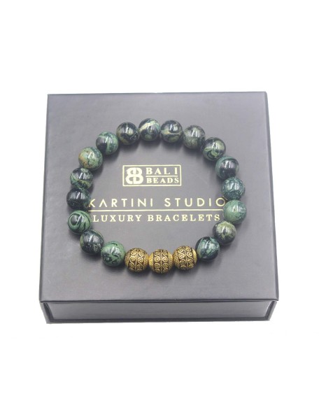 Dark Green Nephrite Jade and Gold, Men&#39;s Bracelet, High Quality Beaded Bracelet for Man