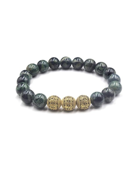 Dark Green Nephrite Jade and Gold, Men&#39;s Bracelet, High Quality Beaded Bracelet for Man