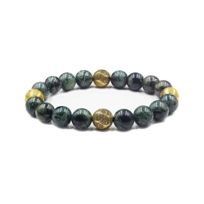 Dark Green NephriteJade and Gold Beads, Jade Bracelet, Men's Jewelry, Natural Gemstone Round Beads