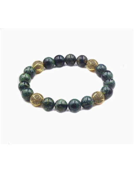 Dark Green NephriteJade and Gold Beads, Jade Bracelet, Men's Jewelry, Natural Gemstone Round Beads