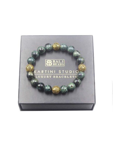 Dark Green NephriteJade and Gold Beads, Jade Bracelet, Men's Jewelry, Natural Gemstone Round Beads