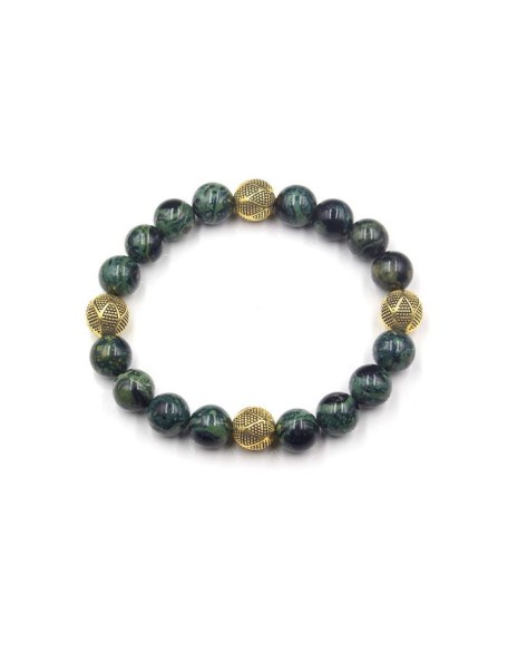 Dark Green NephriteJade and Gold Beads, Jade Bracelet, Men's Jewelry, Natural Gemstone Round Beads