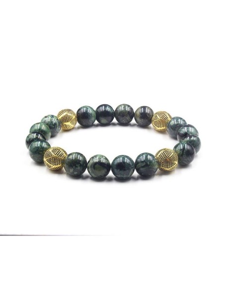 Dark Green NephriteJade and Gold Beads, Jade Bracelet, Men's Jewelry, Natural Gemstone Round Beads