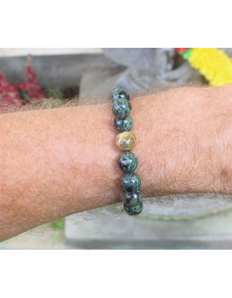 Dark Green NephriteJade and Gold Beads, Jade Bracelet, Men's Jewelry, Natural Gemstone Round Beads
