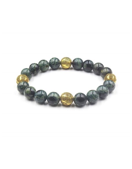 Dark Green NephriteJade and Gold Beads, Jade Bracelet, Men's Jewelry, Natural Gemstone Round Beads