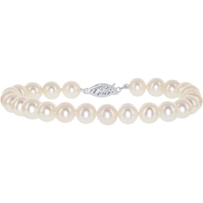 14K White Gold AAA Freshwater Cultured Pearl Bridal Silk-Knotted Strand Bracelet with Fishhook Clasp - Choice of Length & Pearl Size (8.0, 5.0-5.5-mm)
