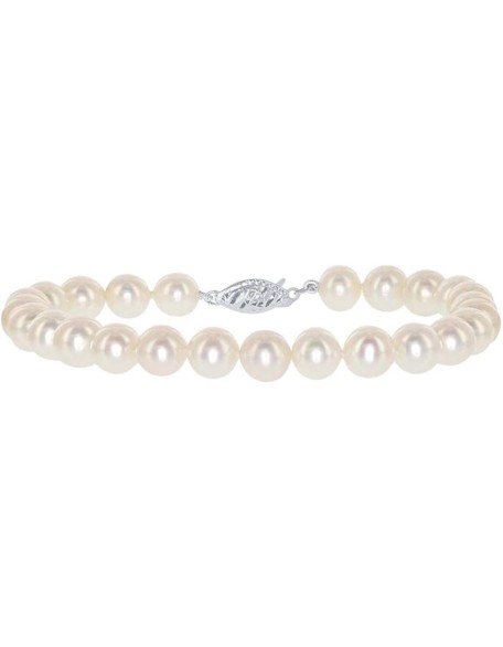 14K White Gold AAA Freshwater Cultured Pearl Bridal Silk-Knotted Strand Bracelet with Fishhook Clasp - Choice of Length & Pearl Size (8.0, 5.0-5.5-mm)
