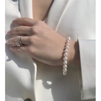 14K White Gold AAA Freshwater Cultured Pearl Bridal Silk-Knotted Strand Bracelet with Fishhook Clasp - Choice of Length & Pearl Size (8.0, 5.0-5.5-mm)