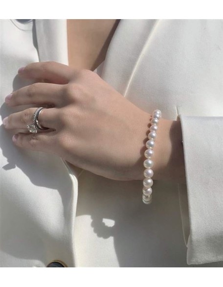 14K White Gold AAA Freshwater Cultured Pearl Bridal Silk-Knotted Strand Bracelet with Fishhook Clasp - Choice of Length & Pearl Size (8.0, 5.0-5.5-mm)
