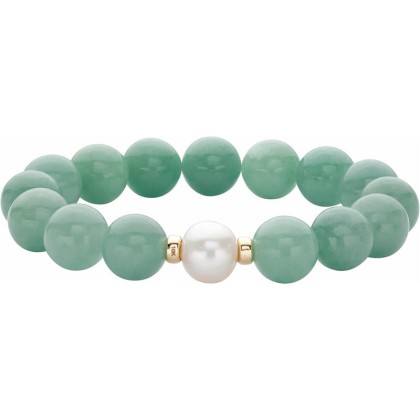 PalmBeach 10K Yellow Gold Round Genuine Green Jade and Cultured Freshwater Pearl, 11.5 mm Stretch Bracelet (75mm), 7.5 inches