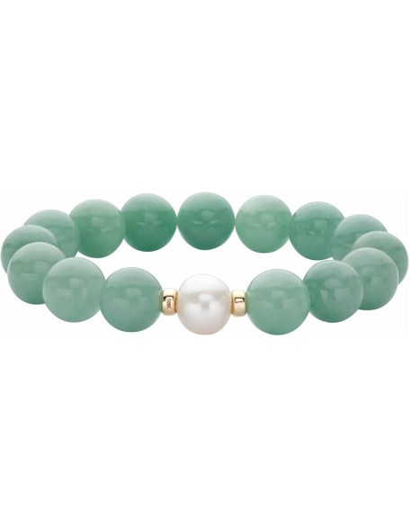 PalmBeach 10K Yellow Gold Round Genuine Green Jade and Cultured Freshwater Pearl, 11.5 mm Stretch Bracelet (75mm), 7.5 inches
