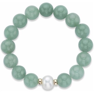 PalmBeach 10K Yellow Gold Round Genuine Green Jade and Cultured Freshwater Pearl, 11.5 mm Stretch Bracelet (75mm), 7.5 inches