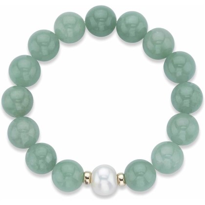 PalmBeach 10K Yellow Gold Round Genuine Green Jade and Cultured Freshwater Pearl, 11.5 mm Stretch Bracelet (75mm), 7.5 inches