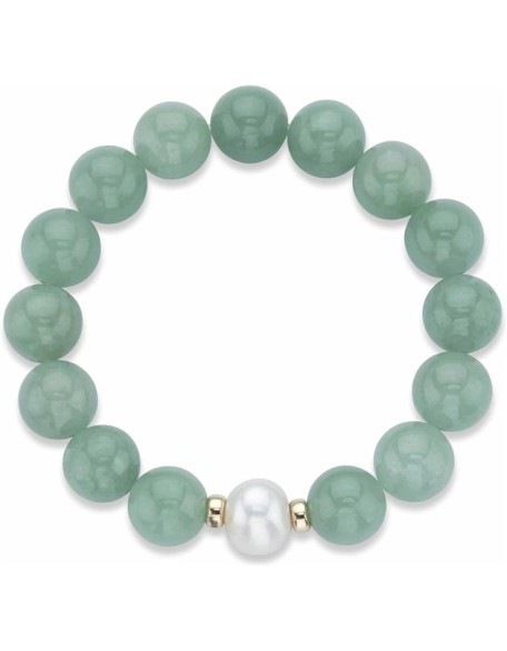 PalmBeach 10K Yellow Gold Round Genuine Green Jade and Cultured Freshwater Pearl, 11.5 mm Stretch Bracelet (75mm), 7.5 inches