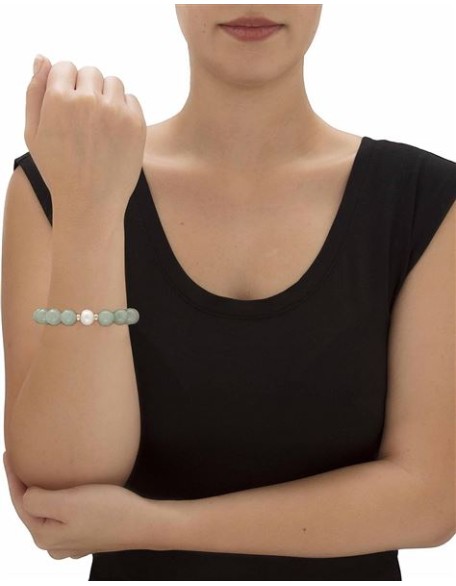 PalmBeach 10K Yellow Gold Round Genuine Green Jade and Cultured Freshwater Pearl, 11.5 mm Stretch Bracelet (75mm), 7.5 inches