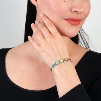 Sterling Silver Multi Color 5-Stone Cuff Bracelet Sizes Small to Large