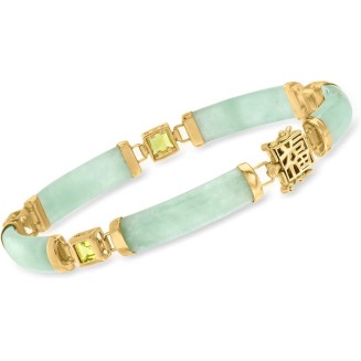 Jade and 1.50 ct. t.w. Peridot Good Fortune Bracelet in 18kt Gold Over Sterling. 8.5 inches