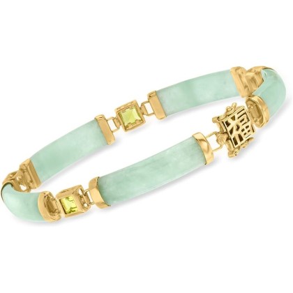 Jade and 1.50 ct. t.w. Peridot Good Fortune Bracelet in 18kt Gold Over Sterling. 8.5 inches