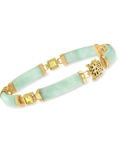 Jade and 1.50 ct. t.w. Peridot Good Fortune Bracelet in 18kt Gold Over Sterling. 8.5 inches