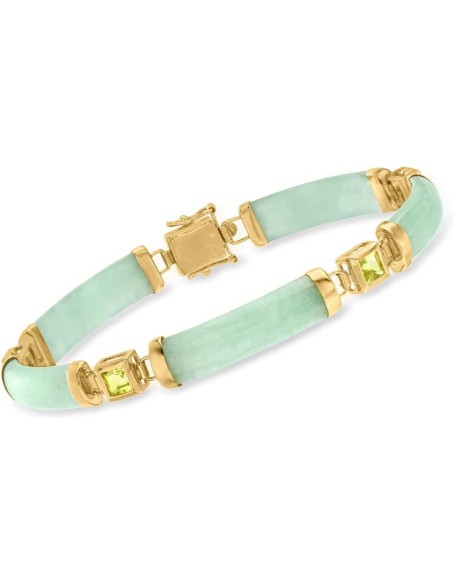 Jade and 1.50 ct. t.w. Peridot Good Fortune Bracelet in 18kt Gold Over Sterling. 8.5 inches