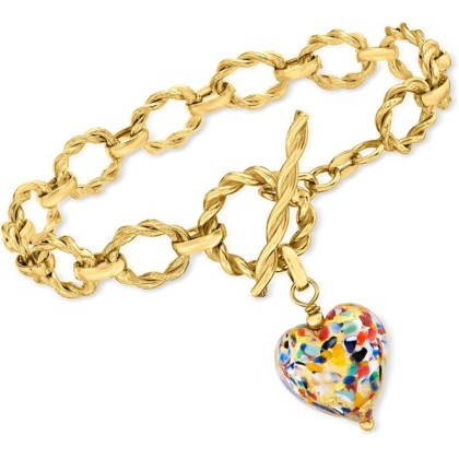 Italian Multicolored Murano Glass Heart Charm Toggle Bracelet in 18kt Gold Over Sterling. 7 inches