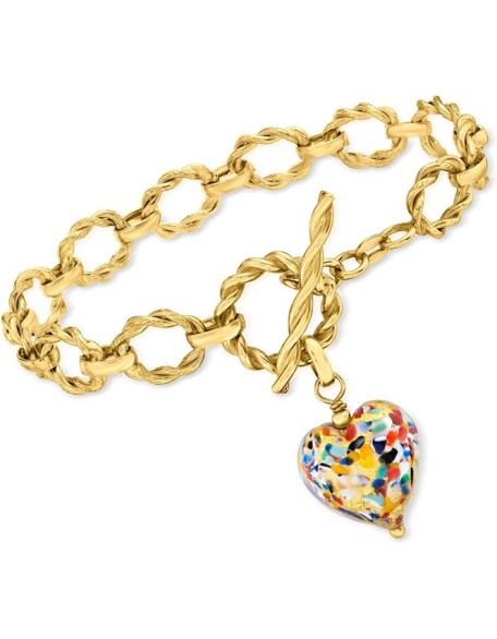 Italian Multicolored Murano Glass Heart Charm Toggle Bracelet in 18kt Gold Over Sterling. 7 inches