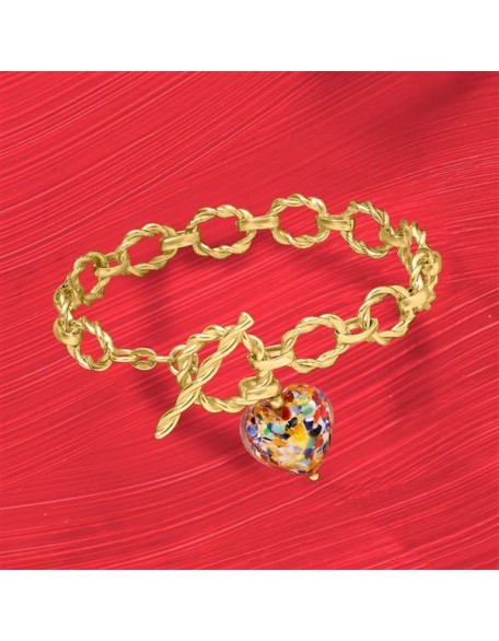 Italian Multicolored Murano Glass Heart Charm Toggle Bracelet in 18kt Gold Over Sterling. 7 inches