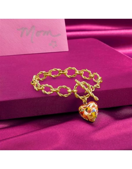 Italian Multicolored Murano Glass Heart Charm Toggle Bracelet in 18kt Gold Over Sterling. 7 inches
