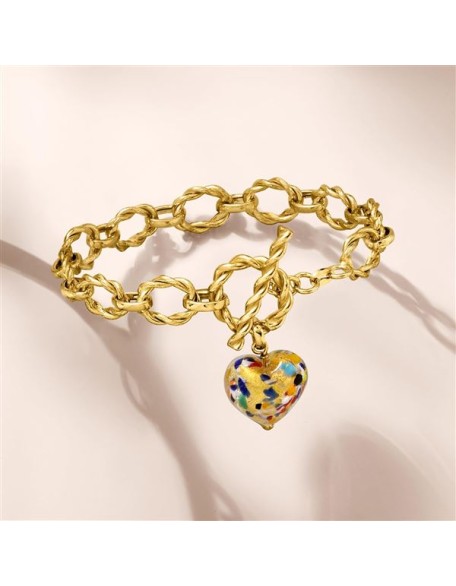 Italian Multicolored Murano Glass Heart Charm Toggle Bracelet in 18kt Gold Over Sterling. 7 inches