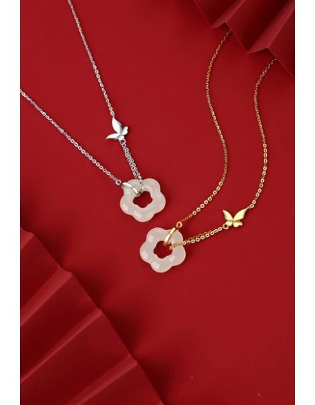 14K Gold Jade Flower Necklace, Beautiful Butterfly Necklace, For Wife,Girlfriend's Valentine's Day,Birthday Gift