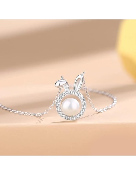 14K Gold Pearl Rabbit Necklace, Moissanite Rabbit Pendant Necklace, Birthday Jewelry Gifts for Wife,Girlfriend