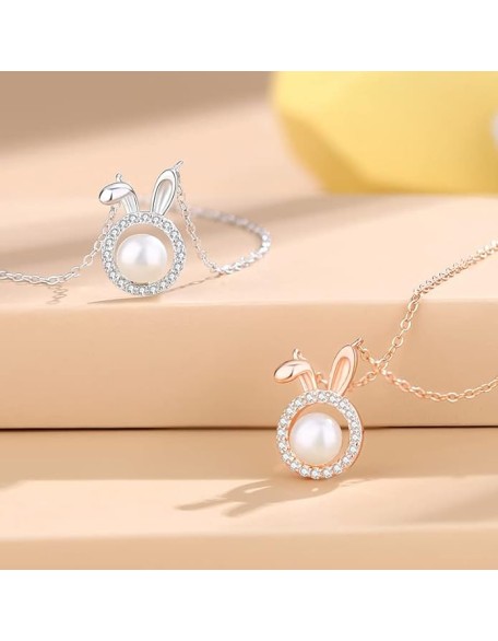 14K Gold Pearl Rabbit Necklace, Moissanite Rabbit Pendant Necklace, Birthday Jewelry Gifts for Wife,Girlfriend