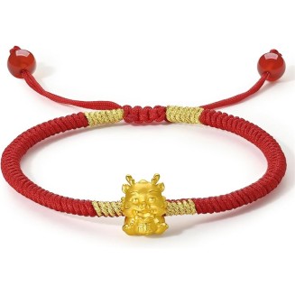 24K Gold Bracelet Dragon Charm Bracelets Adjustable Solid Gold Charms Bangle Dainty Bead Red Braided Rope Good Luck Jewelry Trendy Fashion Real Gold Lucky Gifts for Women Men