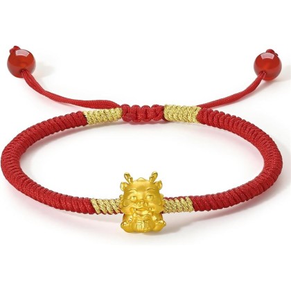 24K Gold Bracelet Dragon Charm Bracelets Adjustable Solid Gold Charms Bangle Dainty Bead Red Braided Rope Good Luck Jewelry Trendy Fashion Real Gold Lucky Gifts for Women Men
