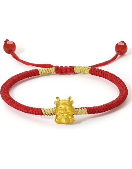 24K Gold Bracelet Dragon Charm Bracelets Adjustable Solid Gold Charms Bangle Dainty Bead Red Braided Rope Good Luck Jewelry Trendy Fashion Real Gold Lucky Gifts for Women Men
