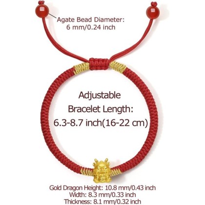 24K Gold Bracelet Dragon Charm Bracelets Adjustable Solid Gold Charms Bangle Dainty Bead Red Braided Rope Good Luck Jewelry Trendy Fashion Real Gold Lucky Gifts for Women Men